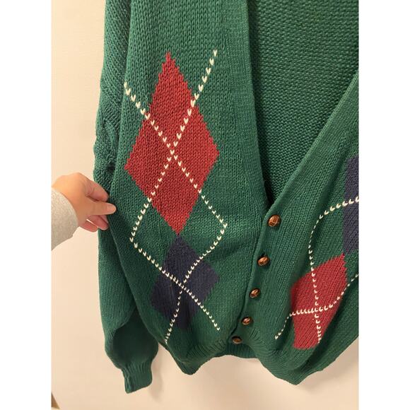 Vintage Pebble Beach Structure Heavy Knit Cardigan Green Argyle Print Size L - Picture 4 of 10
